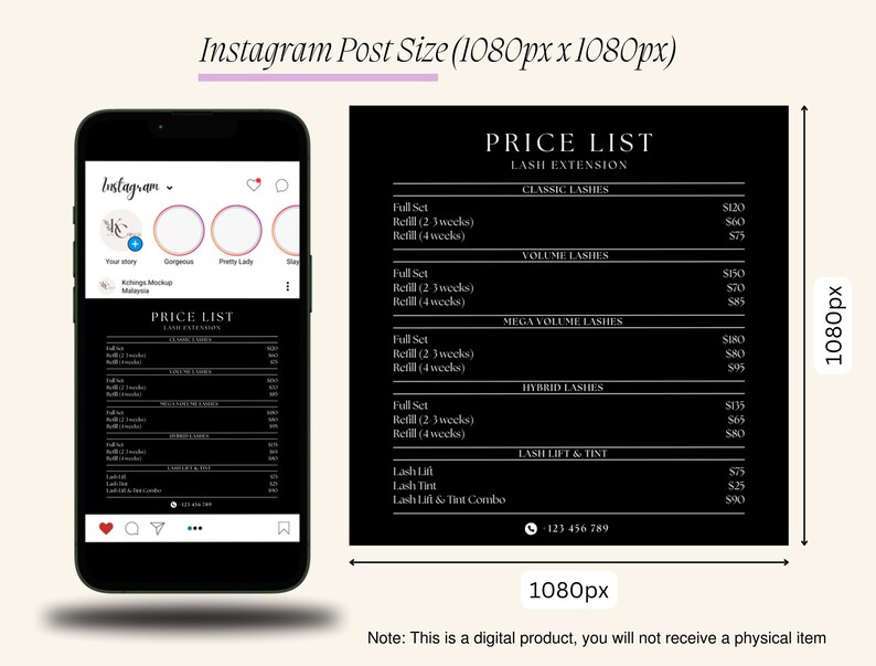Puede incluir: Una lista de precios en blanco y negro para extensiones de pesta&ntilde;as. La lista incluye precios para juegos completos, rellenos y servicios de lifting y tinte de pesta&ntilde;as. El texto "PRICE LIST" est&aacute; en la parte superior de la lista, con "LASH EXTENSION" debajo. El n&uacute;mero de tel&eacute;fono 123-456-789 est&aacute; en la parte inferior de la lista.