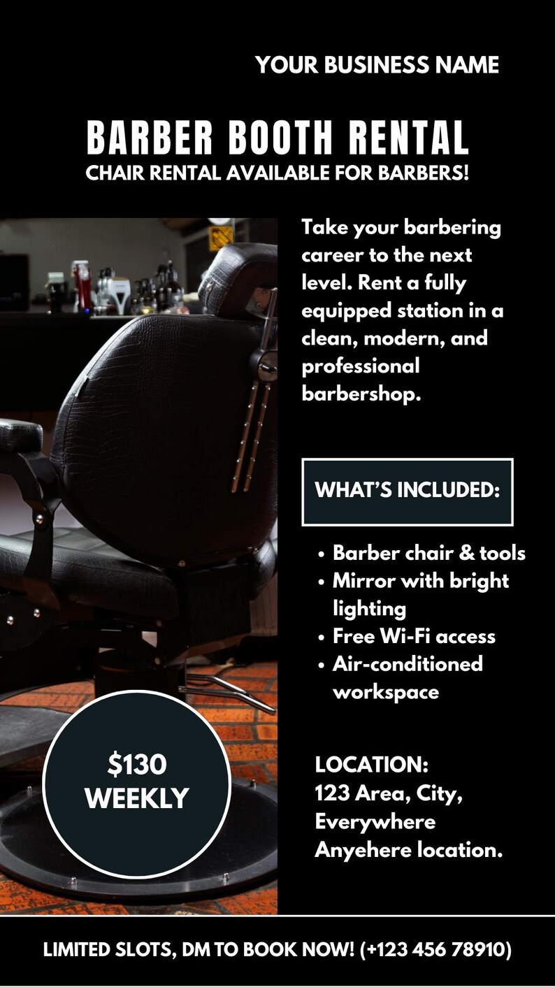 Barber Booth Rental Flyer Template Editable Canva Barber Chair Rental ...