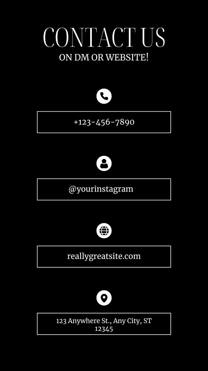 K&ouml;nnte beinhalten: Schwarzwei&szlig;es Grafik mit dem Text "CONTACT US ON DM OR WEBSITE!" und Kontaktinformationen, darunter eine Telefonnummer, eine E-Mail-Adresse, eine Website-Adresse und eine physische Adresse.