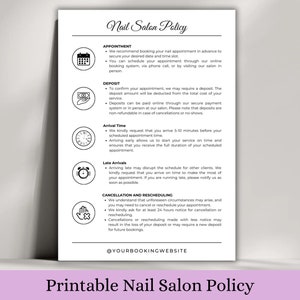 Wydrukowane szablony zasad rezerwacji i anulowania wizyt na manicure dla Nail Tech Wall Deco jako przewodnik dla klienta i przypomnienie o umówieniu wizyty na manicure
