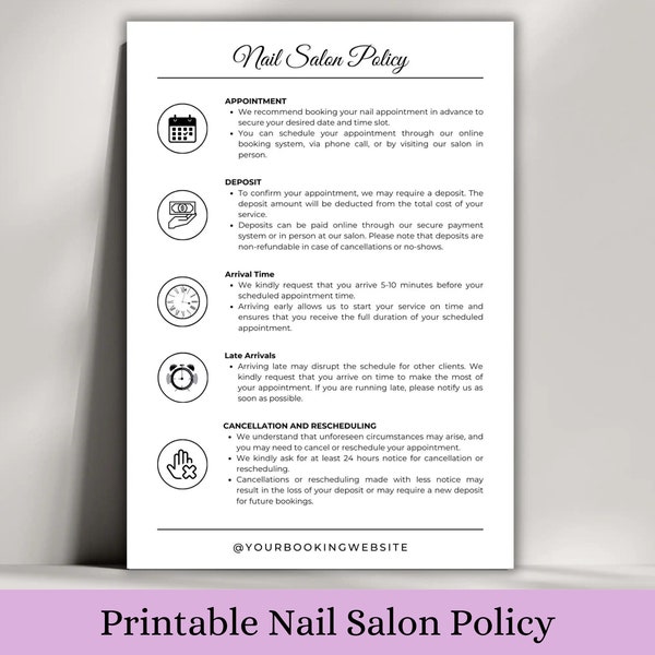 Printable Nail Booking and Cancellation Policy Templates for Nail Tech Wall Deco as a Client Guide and Reminder to make Nail Appointment
