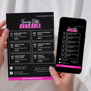 Pode incluir: Um folheto preto e rosa e um smartphone exibindo datas de treinamento para serviços de beleza. O folheto e a tela do telefone listam cursos como manicure, corte de cabelo e massoterapia, com datas, horários e preços.