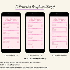 May include: Three different price list templates for lash extensions. Each template has a pink background with a white border and black text. The templates are labeled "3 Column Price List", "4 Column Price List", and "5 Column Price List". The text "Lash Extension Price List" is at the top of each template.