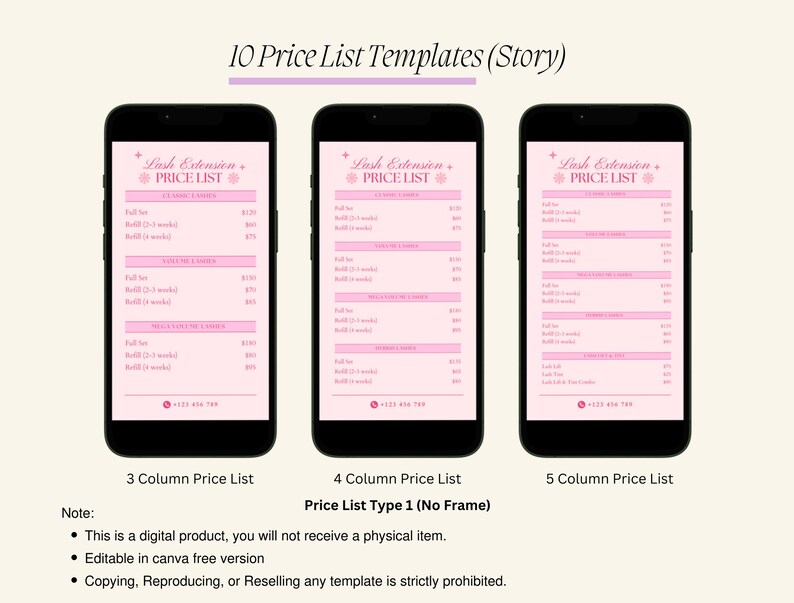 May include: Three different price list templates for lash extensions. Each template has a pink background with a white border and black text. The templates are labeled "3 Column Price List", "4 Column Price List", and "5 Column Price List". The text "Lash Extension Price List" is at the top of each template.