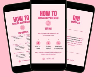 Pink Wie buche ich einen Termin Flyer Canva Vorlage, Instagram Post & Story Guide für Haare, Nägel, Wimpern, Schönheitssalon Besitzer, wie buche ich über DM