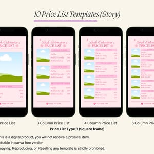 May include: Four different versions of a pink and green mobile phone screen displaying a price list for lash extensions. The text on the screen reads "Lash Extension Price List".