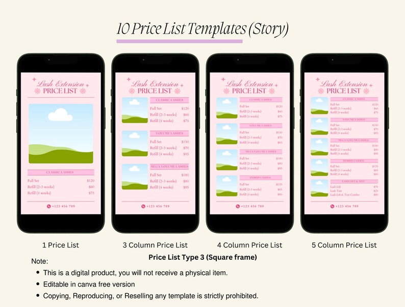 May include: Four different versions of a pink and green mobile phone screen displaying a price list for lash extensions. The text on the screen reads "Lash Extension Price List".