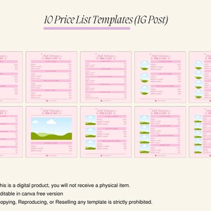 May include: Ten pink and green Instagram post templates for a price list. The templates feature a simple design with a cloud and hills graphic. The text "Price List" is included in each template.