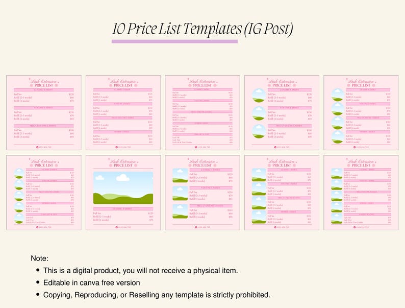 May include: Ten pink and green Instagram post templates for a price list. The templates feature a simple design with a cloud and hills graphic. The text "Price List" is included in each template.