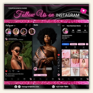 May include: A black and pink Instagram page with the text "Follow Us on INSTAGRAM" in pink neon letters. The page features a profile picture of a woman with dark skin and curly hair, a grid of images, and a call to action to follow the page.