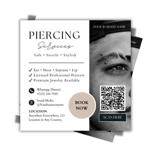 Peut inclure: Flyer promotionnel pour les services de piercing. Le texte "PIERCING Services" est mis en évidence, avec des services tels que les piercings d'oreille, de nez, de septum et de lèvres. Il y a aussi un code QR, les mots "BOOK NOW" et "SCAN HERE".