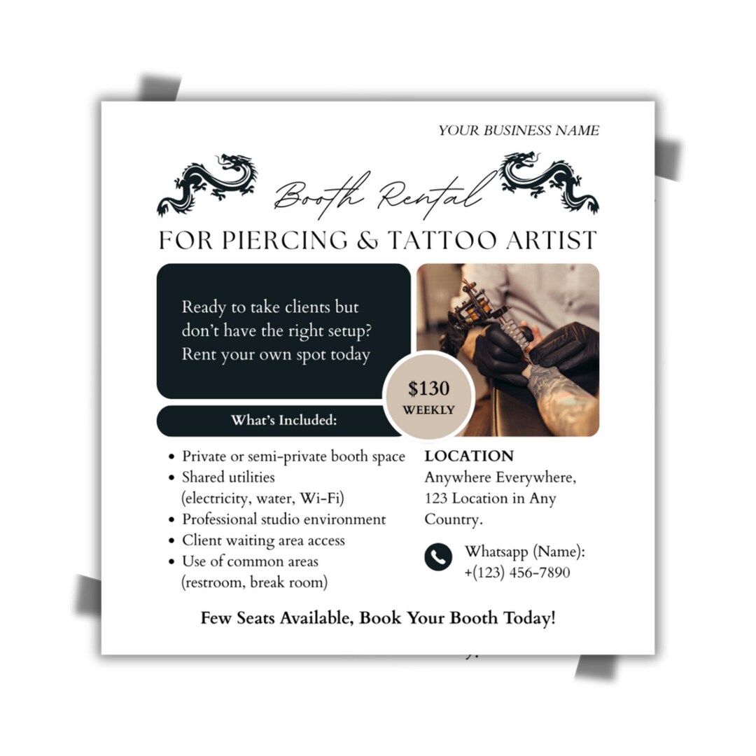 Tattoo & Piercing Booth Rental Flyer Canva Template | Editable Studio ...