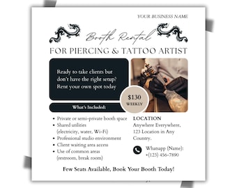 Tattoo & Piercing Stand Verleih Flyer Canva Template | Bearbeitbares Studio Poster für Tattoo Artist Piercer und Shop Inhaber | Instagram Post IG Ad