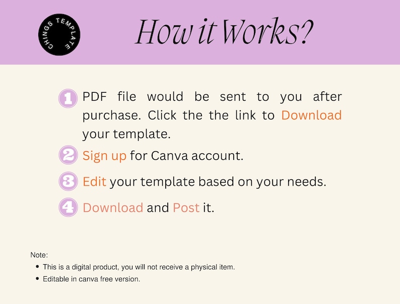 K&ouml;nnte beinhalten: Eine rosa-wei&szlig;e Grafik mit dem Text "Wie funktioniert es?" und einer nummerierten Liste von Anweisungen zur Verwendung einer digitalen Vorlage. Die Anweisungen umfassen das Herunterladen einer PDF-Datei, die Registrierung bei einem Canva-Konto, die Bearbeitung der Vorlage sowie das Herunterladen und Ver&ouml;ffentlichen. Der Hinweis unten besagt, dass es sich bei dem Produkt um ein digitales Produkt handelt, das nicht physisch versandt wird. Au&szlig;erdem wird darauf hingewiesen, dass die Vorlage in der kostenlosen Version von Canva bearbeitet werden kann.