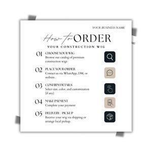Peut inclure: Graphique carré blanc avec le texte "How to ORDER" et des instructions pour commander une perruque de construction. Les étapes comprennent le choix d'une perruque, la passation d'une commande, la confirmation des détails, le paiement et la livraison/retrait.