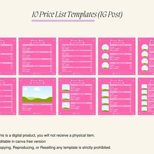Puede incluir: Diez plantillas de lista de precios rosas y blancas para publicaciones de Instagram. Cada plantilla presenta un dise&ntilde;o diferente con un paisaje verde y azul, una nube o un c&iacute;rculo. El texto "Price List" est&aacute; en la parte superior de cada plantilla.