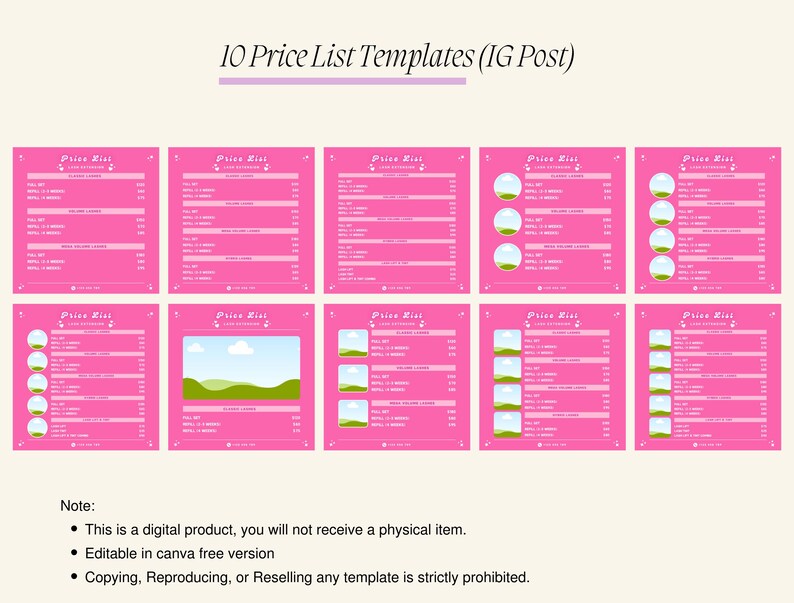 Puede incluir: Diez plantillas de lista de precios rosas y blancas para publicaciones de Instagram. Cada plantilla presenta un dise&ntilde;o diferente con un paisaje verde y azul, una nube o un c&iacute;rculo. El texto "Price List" est&aacute; en la parte superior de cada plantilla.