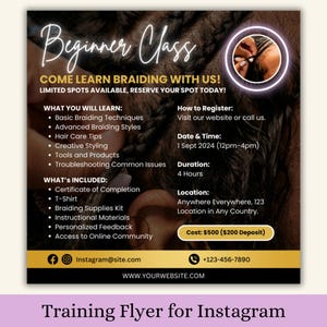 Braid Training Class Flyer Canva Template for Beginner Hairstylist Hair Braider to Post on Social Media Instagram IG Post for Braid Course