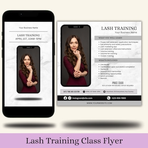 Op de afbeelding: Een zwart-witte flyer die een wimpertraining adverteert. De flyer bevat de datum, tijd en locatie van de training, evenals een lijst met wat er geleerd zal worden en wat er bij de prijs inbegrepen is. De prijs is €500. De flyer bevat ook een telefoonnummer en een website-adres.