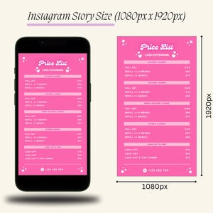 Puede incluir: Lista de precios rosa y blanca para extensiones de pesta&ntilde;as y lifting de pesta&ntilde;as. La lista incluye precios para juegos completos, rellenos y lifting de pesta&ntilde;as. El n&uacute;mero de tel&eacute;fono se encuentra en la parte inferior de la lista de precios.