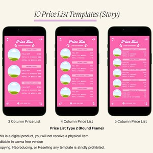 Puede incluir: Tres plantillas de lista de precios digitales para un negocio. Cada plantilla tiene un fondo rosa con un marco blanco redondeado. El texto "Price List" est&aacute; en blanco con un coraz&oacute;n rosa a cada lado. Las plantillas tienen 3, 4 y 5 columnas, respectivamente. El texto "Price List Type 2 (Round Frame)" est&aacute; debajo de las plantillas.
