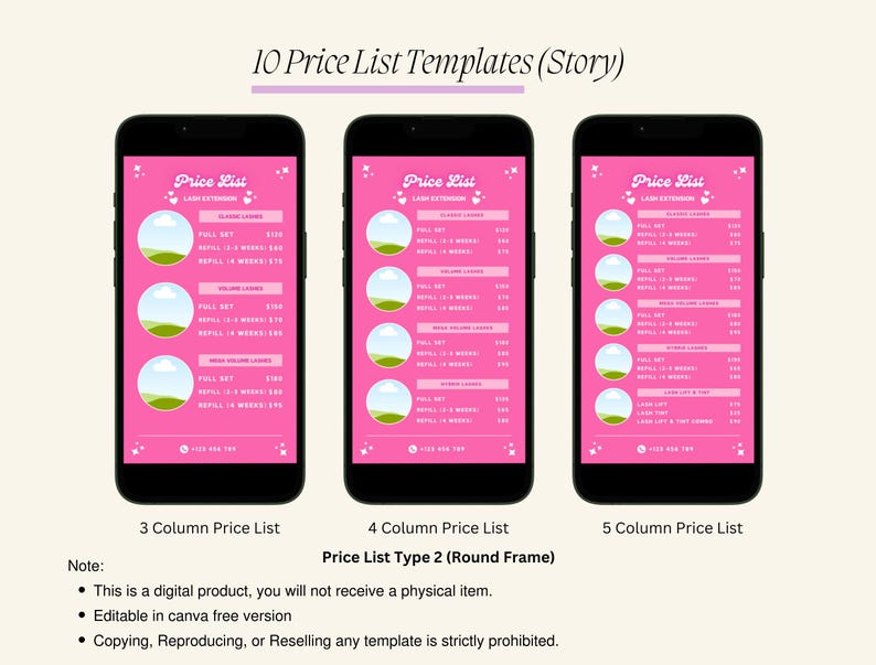 Puede incluir: Tres plantillas de lista de precios digitales para un negocio. Cada plantilla tiene un fondo rosa con un marco blanco redondeado. El texto "Price List" est&aacute; en blanco con un coraz&oacute;n rosa a cada lado. Las plantillas tienen 3, 4 y 5 columnas, respectivamente. El texto "Price List Type 2 (Round Frame)" est&aacute; debajo de las plantillas.
