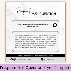 以下が含まれることがあります： 大理石の背景を持つ白黒のチラシテンプレート。チラシの上部には「Frequent Ask Question」というテキストがあります。チラシには、虫眼鏡のアイコンが付いた検索バー、テキスト用のセクション、下部の連絡先情報が含まれています。