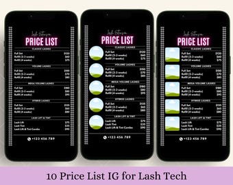 Lash Price List Pink Glam Template for Lash Technician to Post on Social Media IG Instagram Story and Post Flyer List of Services Pricelist