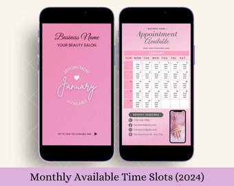 2024 Monthly Available Time Slot Pink Flyer templates for Lash Nail Hair Social Media Instagram Business Story Customer Time Schedule Update