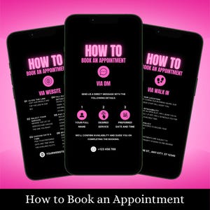 May include: A pink and black graphic design with instructions on how to book an appointment. The graphic is divided into three sections: "Via Website", "Via DM", and "Via Walk In". Each section has a numbered list of steps to follow.