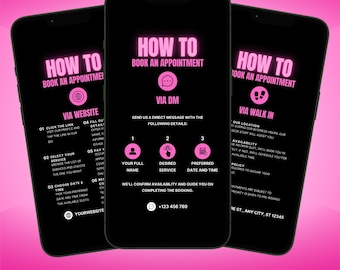 Pink Wie buche ich einen Termin Flyer Vorlagen | Instagram DM Walk-In Kundenhandbücher | Lash Nail Hair Canva IG Post Social Media Buchung Info