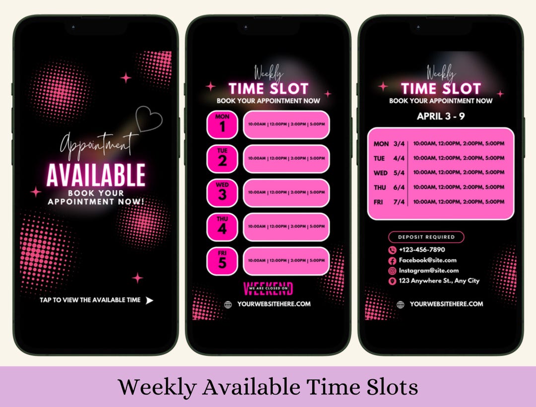 Weekly Available Booking Slot Pink Glam Templates for Lash, Nail, Hair ...