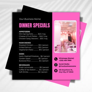 May include: A pink and black trifold menu with the text "Dinner Specials." The menu lists appetizers, main dishes, sides, and beverages. A photo of a pink restaurant interior is on the right panel. Contact information is also included.