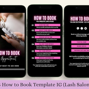 Come prenotare un appuntamento per le ciglia tramite sito web o chiamata telefonica DM, modello di storia di Instagram, volantino per i social media, guide per i clienti