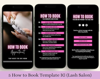 So buchst du einen Termin für Lash über die Website oder DM-Telefonanruf, Instagram-Story-Vorlage Canva IG Post Social Media Flyer, Kundenhandbücher