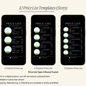 Puede incluir: Tres plantillas de listas de precios diferentes para extensiones de pesta&ntilde;as. Cada plantilla tiene un fondo negro con texto blanco y un gr&aacute;fico circular con colores verde y blanco. Las plantillas est&aacute;n etiquetadas como "Lista de precios de 3 columnas", "Lista de precios de 4 columnas" y "Lista de precios de 5 columnas". El texto "Tipo de lista de precios 2 (marco redondo)" est&aacute; debajo de las plantillas.