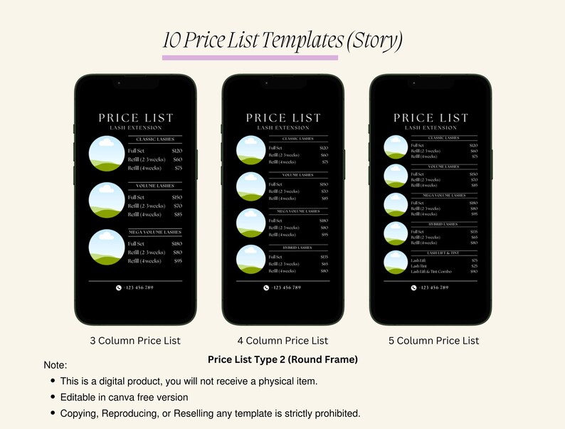 Puede incluir: Tres plantillas de listas de precios diferentes para extensiones de pesta&ntilde;as. Cada plantilla tiene un fondo negro con texto blanco y un gr&aacute;fico circular con colores verde y blanco. Las plantillas est&aacute;n etiquetadas como "Lista de precios de 3 columnas", "Lista de precios de 4 columnas" y "Lista de precios de 5 columnas". El texto "Tipo de lista de precios 2 (marco redondo)" est&aacute; debajo de las plantillas.