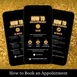 May include: A black and gold graphic with instructions on how to book an appointment. The graphic is divided into three sections: via website, via DM, and via walk-in. Each section has a list of steps to follow. The graphic also includes a phone number and website address.