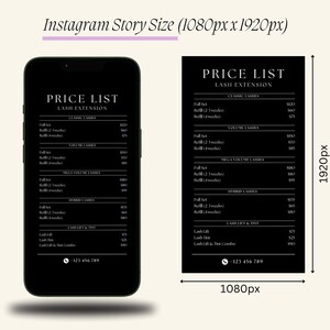 Puede incluir: Una lista de precios en blanco y negro para extensiones de pesta&ntilde;as. La lista incluye precios para juegos completos, rellenos y levantamientos de pesta&ntilde;as. El n&uacute;mero de tel&eacute;fono 123 456 789 aparece en la parte inferior.