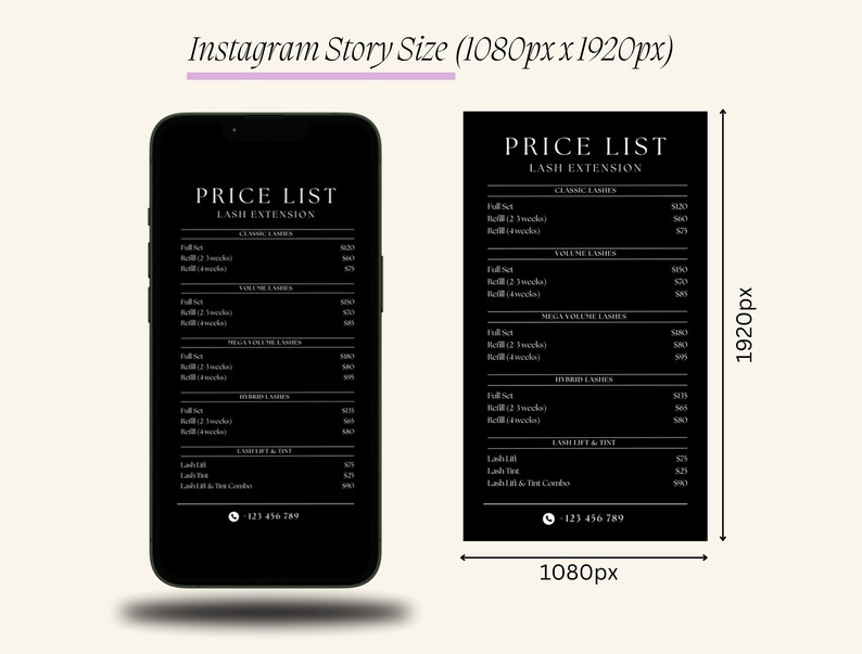 Puede incluir: Una lista de precios en blanco y negro para extensiones de pesta&ntilde;as. La lista incluye precios para juegos completos, rellenos y levantamientos de pesta&ntilde;as. El n&uacute;mero de tel&eacute;fono 123 456 789 aparece en la parte inferior.