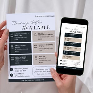 May include: A flyer and a smartphone display training dates for beauty services. The flyer lists courses like Basic Manicure & Pedicure, Hair Cutting Basics, and Basic Makeup Application. The smartphone shows the same information, with a website address at the bottom.