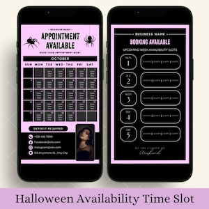 May include: A black and pink mobile phone screen displaying a Halloween-themed appointment availability calendar. The calendar shows the month of October with days of the week labeled. The phone screen also displays a section for booking appointments with available time slots for the upcoming week. The text "Appointment Available" and "Booking Available" is displayed in pink.