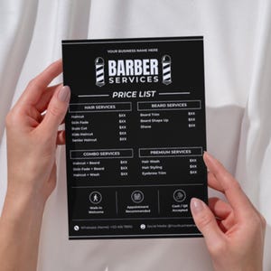 Pode incluir: Uma lista de preços de serviços de barbeiro em preto e branco, segurada por mãos. A lista inclui serviços de cabelo, barba, serviços combinados e serviços premium. O texto "BARBER SERVICES" está no topo.