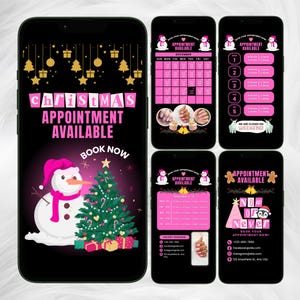 Op de afbeelding: Een reeks smartphoneschermen met informatie over kerstnagelafspraken. Het hoofdscherm toont een sneeuwpop, kerstboom en de tekst "Christmas Appointment Available". Andere schermen tonen afspraakkalenders en boekingsdetails in roze en wit.