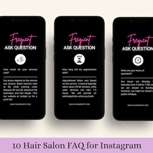 以下が含まれることがあります： 白いテキストとアイコンがついた黒い携帯電話の画面が3つあります。画面のテキストは「Frequent Ask Question」です。最初の画面には手のアイコンと「サービスの料金はいくらですか？」というテキストがあります。2番目の画面には砂時計のアイコンと「予約はどのくらい時間がかかりますか？」というテキストがあります。3番目の画面には時計のアイコンと「営業時間は何時ですか？」というテキストがあります。