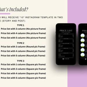 Puede incluir: Una maqueta digital de dos plantillas de Instagram para una lista de precios de extensiones de pesta&ntilde;as. Las plantillas est&aacute;n en dos tama&ntilde;os, historia y publicaci&oacute;n. Las plantillas est&aacute;n disponibles en tres tipos: sin marco de imagen, marco de imagen redondo y marco de imagen cuadrado. Cada tipo tiene tres opciones: 3 columnas, 4 columnas y 5 columnas.
