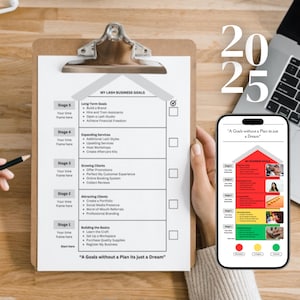 May include: A checklist on a clipboard with the title "My Lash Business Goals" and a quote "A Goals without a Plan its just a Dream". The checklist is divided into five stages with bullet points for each stage. A smartphone with a similar checklist is in the background.