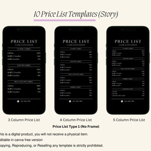 Puede incluir: Tres plantillas digitales para una lista de precios de extensiones de pesta&ntilde;as. Las plantillas son negras con texto blanco y est&aacute;n dise&ntilde;adas para su uso en redes sociales. Las plantillas est&aacute;n etiquetadas como "Lista de precios de 3 columnas", "Lista de precios de 4 columnas" y "Lista de precios de 5 columnas". El texto en las plantillas dice "Lista de precios Extensi&oacute;n de pesta&ntilde;as".
