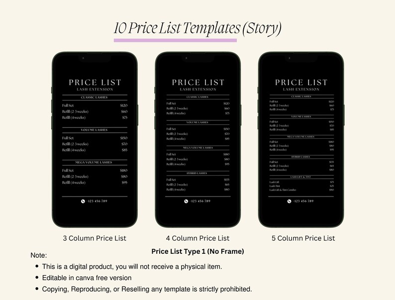 Puede incluir: Tres plantillas digitales para una lista de precios de extensiones de pesta&ntilde;as. Las plantillas son negras con texto blanco y est&aacute;n dise&ntilde;adas para su uso en redes sociales. Las plantillas est&aacute;n etiquetadas como "Lista de precios de 3 columnas", "Lista de precios de 4 columnas" y "Lista de precios de 5 columnas". El texto en las plantillas dice "Lista de precios Extensi&oacute;n de pesta&ntilde;as".