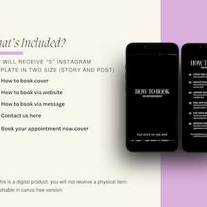 K&ouml;nnte beinhalten: Ein digitales Produkt zur Buchung von Terminen. Das Bild zeigt ein Mockup eines Smartphone-Bildschirms mit dem Text "How to Book" und einer Liste von Schritten zur Buchung eines Termins. Der Text "You will receive 5 Instagram templates in two sizes (story and post)" ist ebenfalls enthalten.